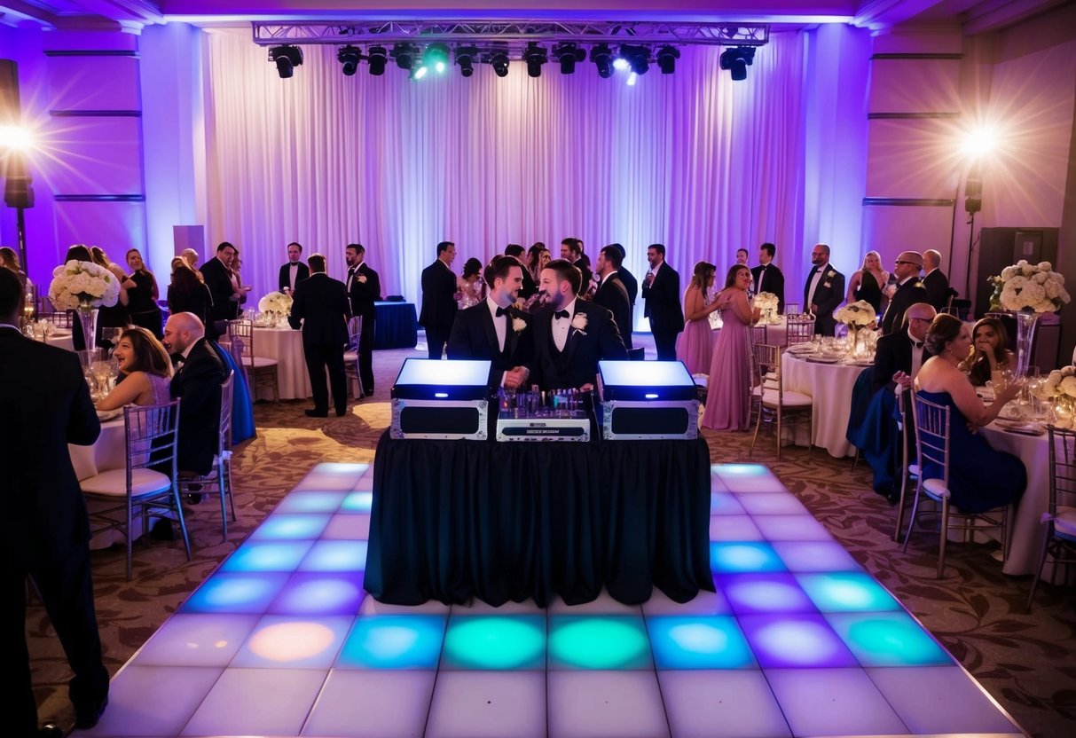 A bustling wedding reception with a DJ booth, dance floor, and colorful lights. Tables are adorned with elegant centerpieces and guests are mingling and enjoying the music
