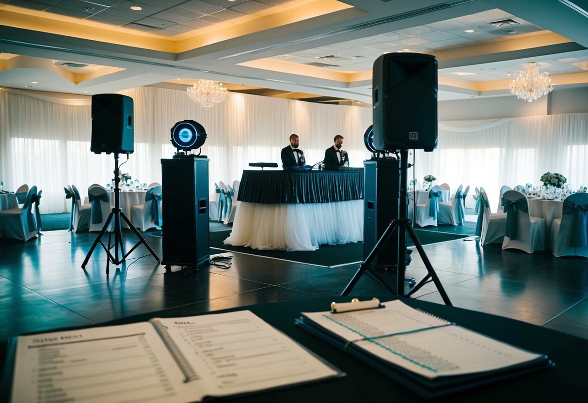A wedding venue with a DJ booth, dance floor, and seating area. Lighting and sound equipment are set up, and a budget spreadsheet is visible on a table