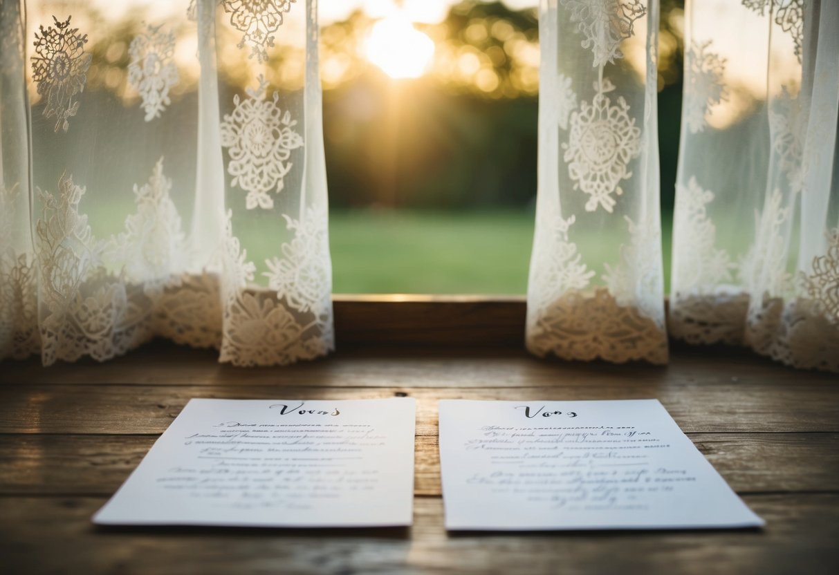 A pair of elegant, handwritten vows lie side by side on a rustic wooden table, bathed in soft, golden light filtering through lace curtains