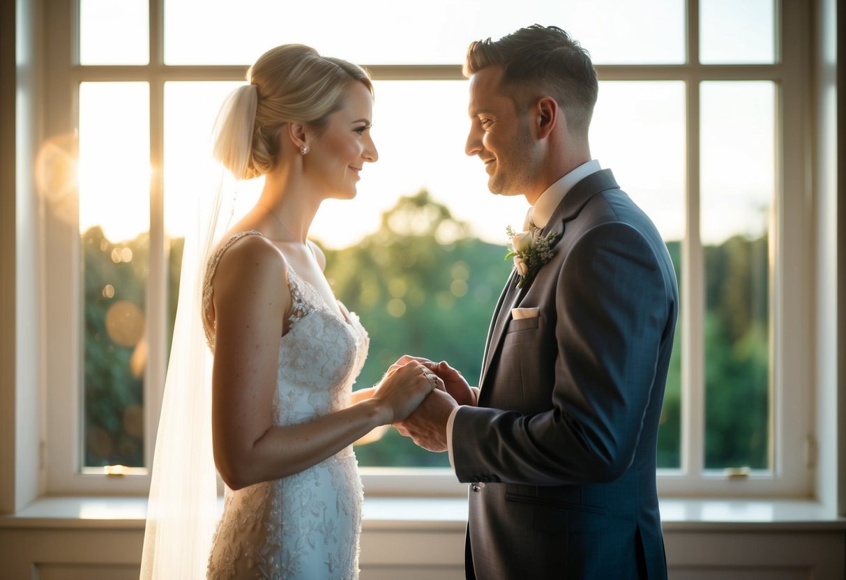 A bride and groom stand facing each other, holding their handwritten vows. The sunlight streams through a window, illuminating the tender moment