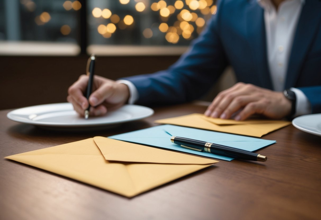 A table set for two, with two sealed envelopes and a pen resting on top. A sense of anticipation in the air