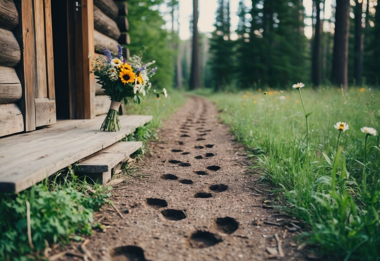 A trail of footprints leading away from a rustic cabin into a forest clearing. A bouquet of wildflowers abandoned on the doorstep