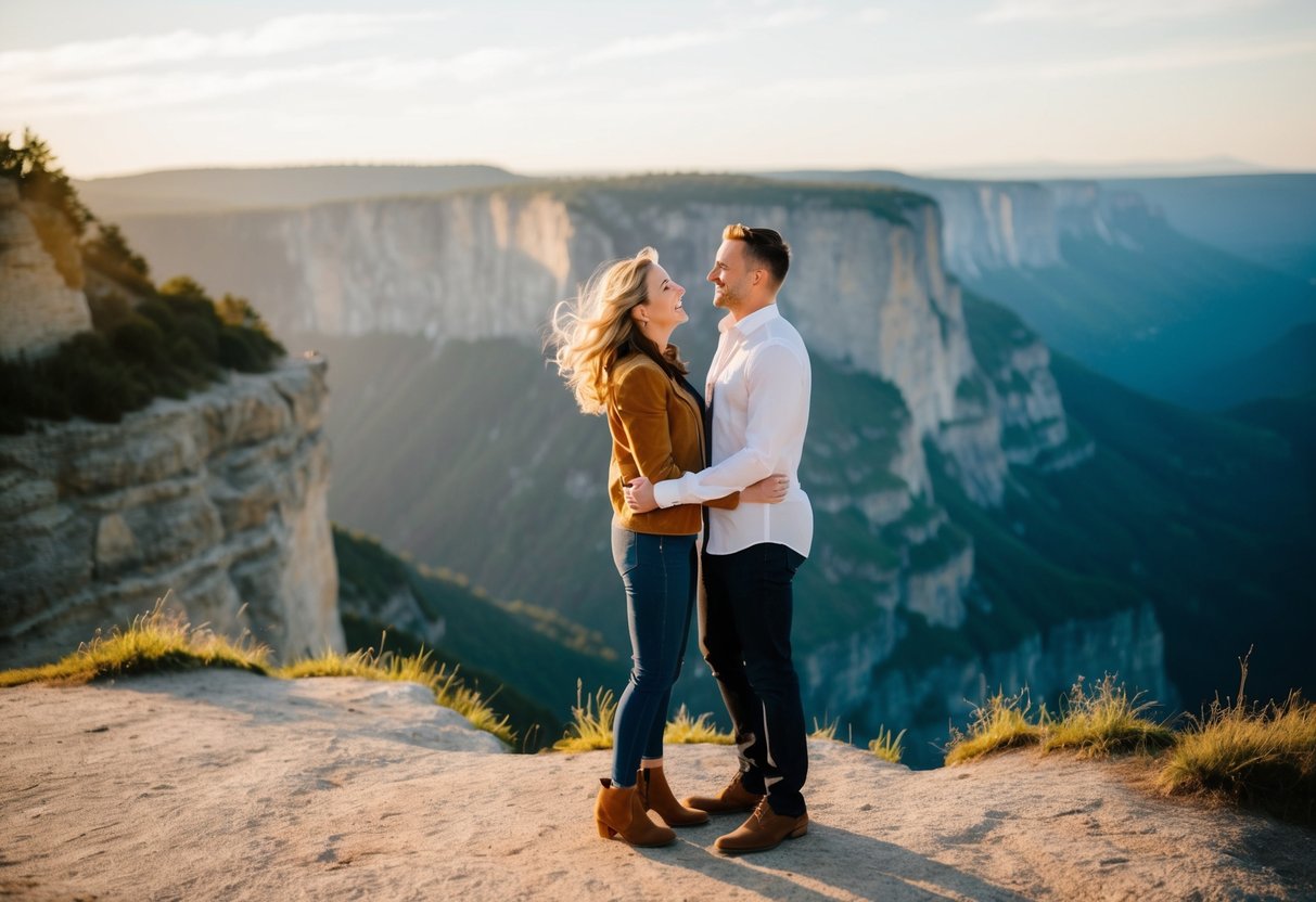 A couple standing on a cliff overlooking a picturesque landscape, with a sense of excitement and secrecy in their body language