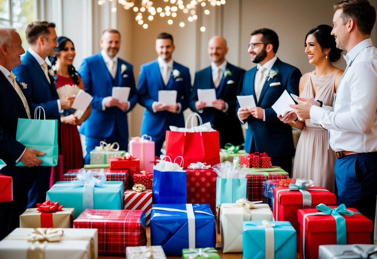 A table filled with wrapped gifts of various sizes and shapes. Some guests carry gift bags while others present cards to the bride and groom
