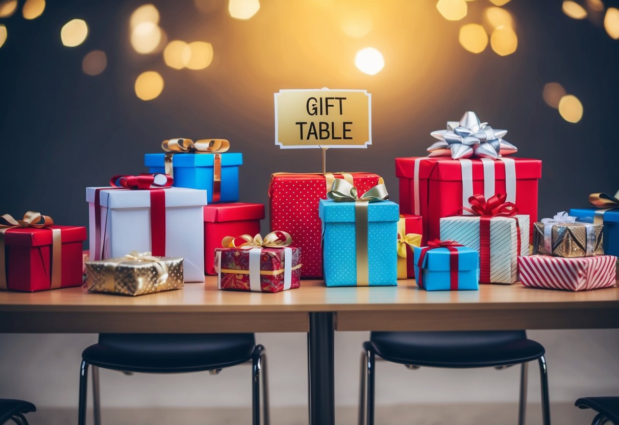 A table adorned with various wrapped gifts, surrounded by empty chairs and a sign reading "Gift Table."
