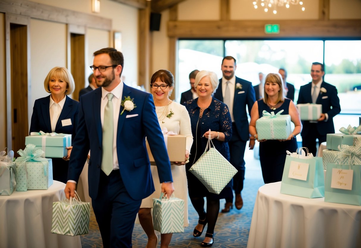 Guests carrying wrapped gifts entering wedding venue. Tables with gift bags and boxes. Staff organizing and labeling gifts