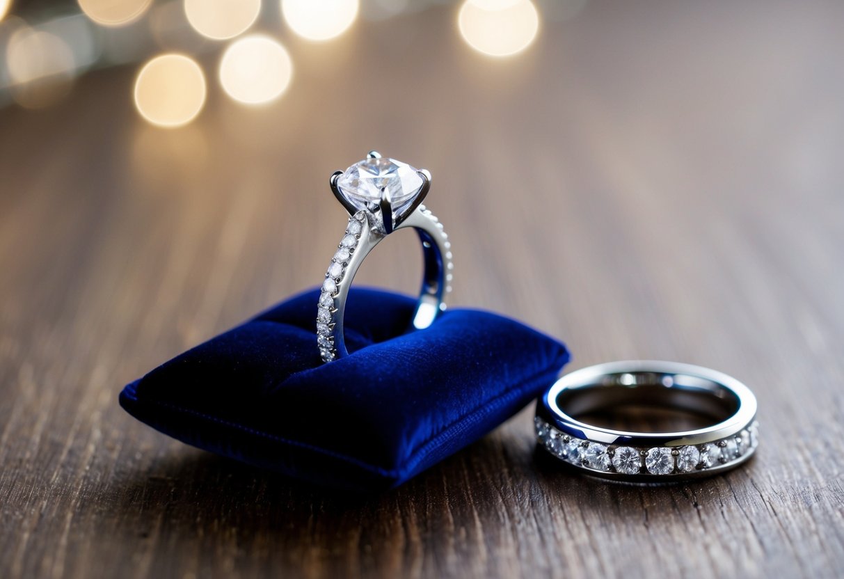A sparkling engagement ring sits on a velvet cushion, while another ring gleams nearby, symbolizing the exchange between partners