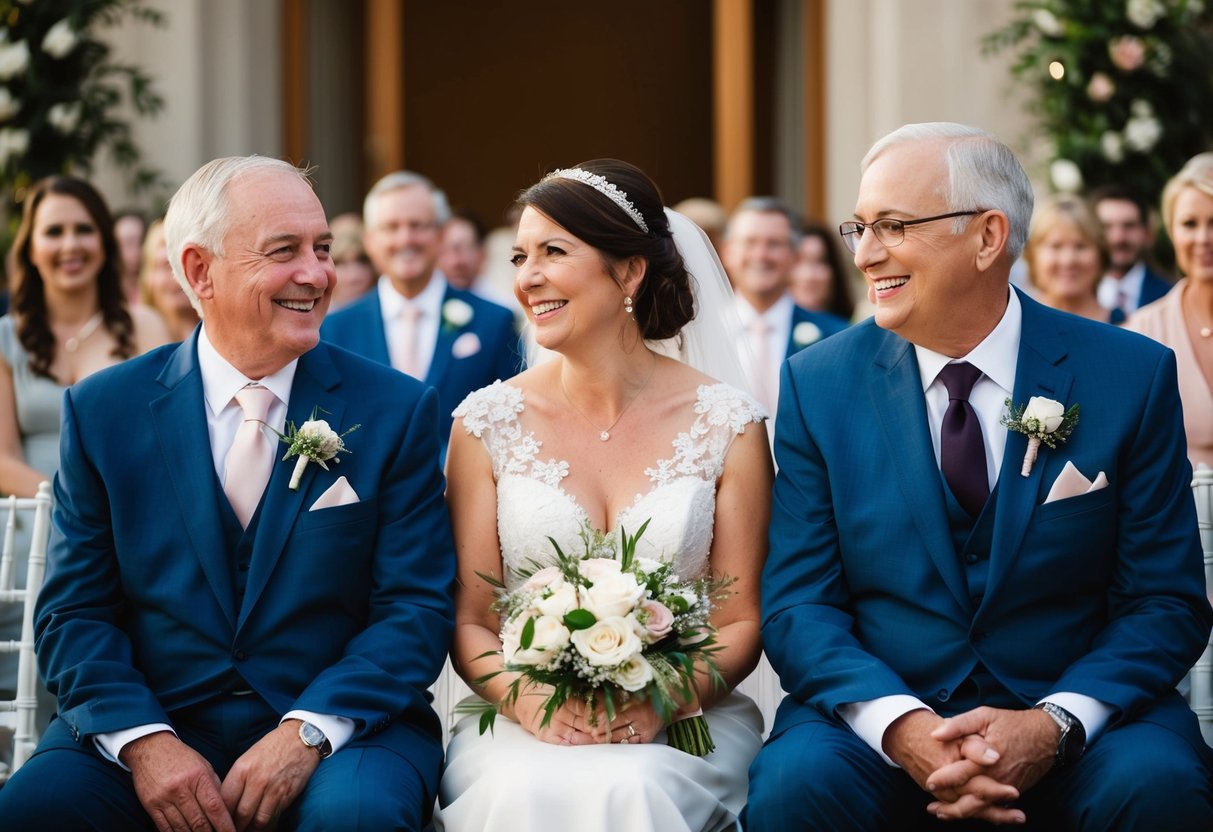Both sets of parents sit together at the wedding, smiling and chatting as they watch the ceremony unfold