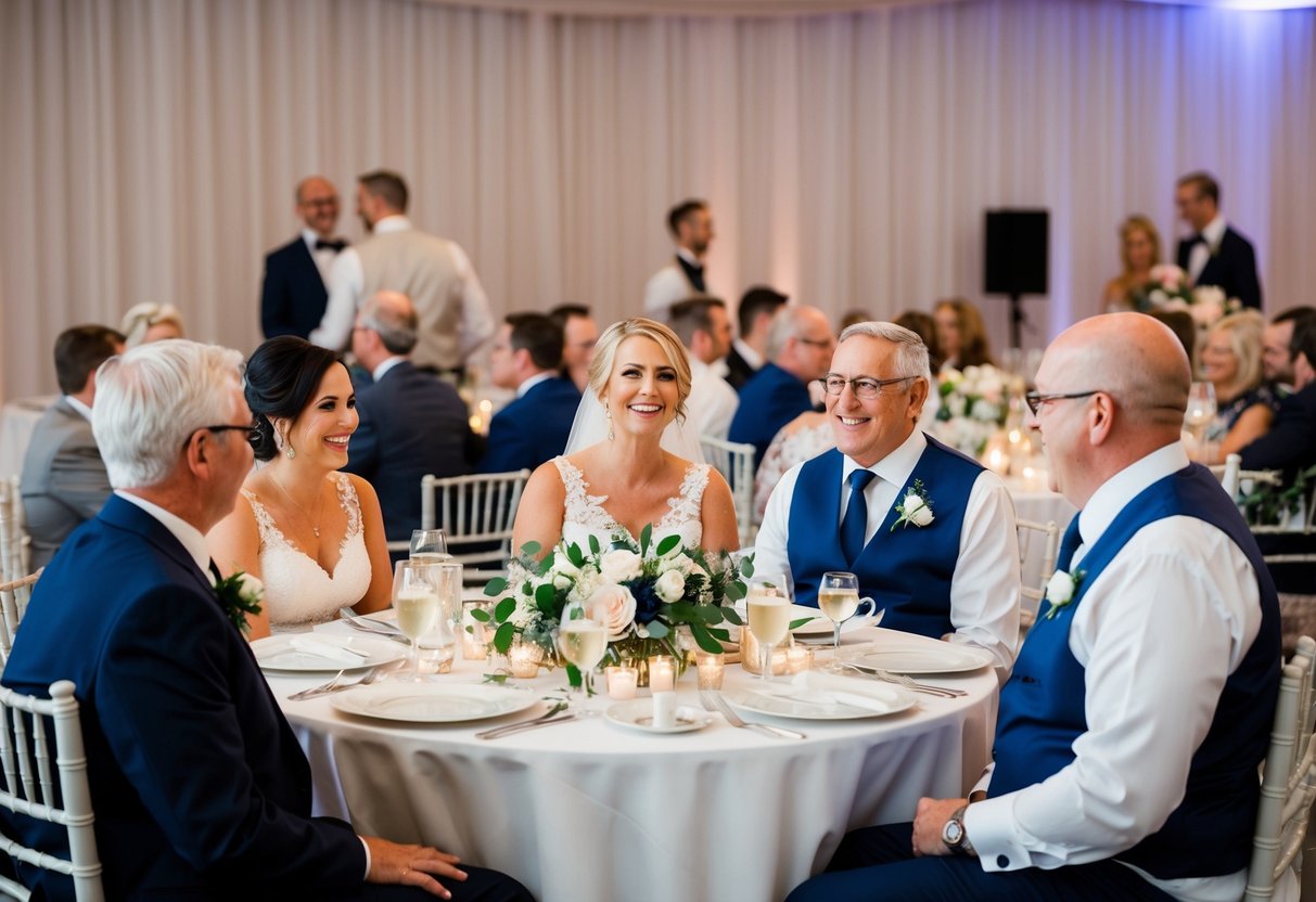 Both sets of parents sit together at a wedding reception, chatting and laughing as they celebrate the newlywed couple