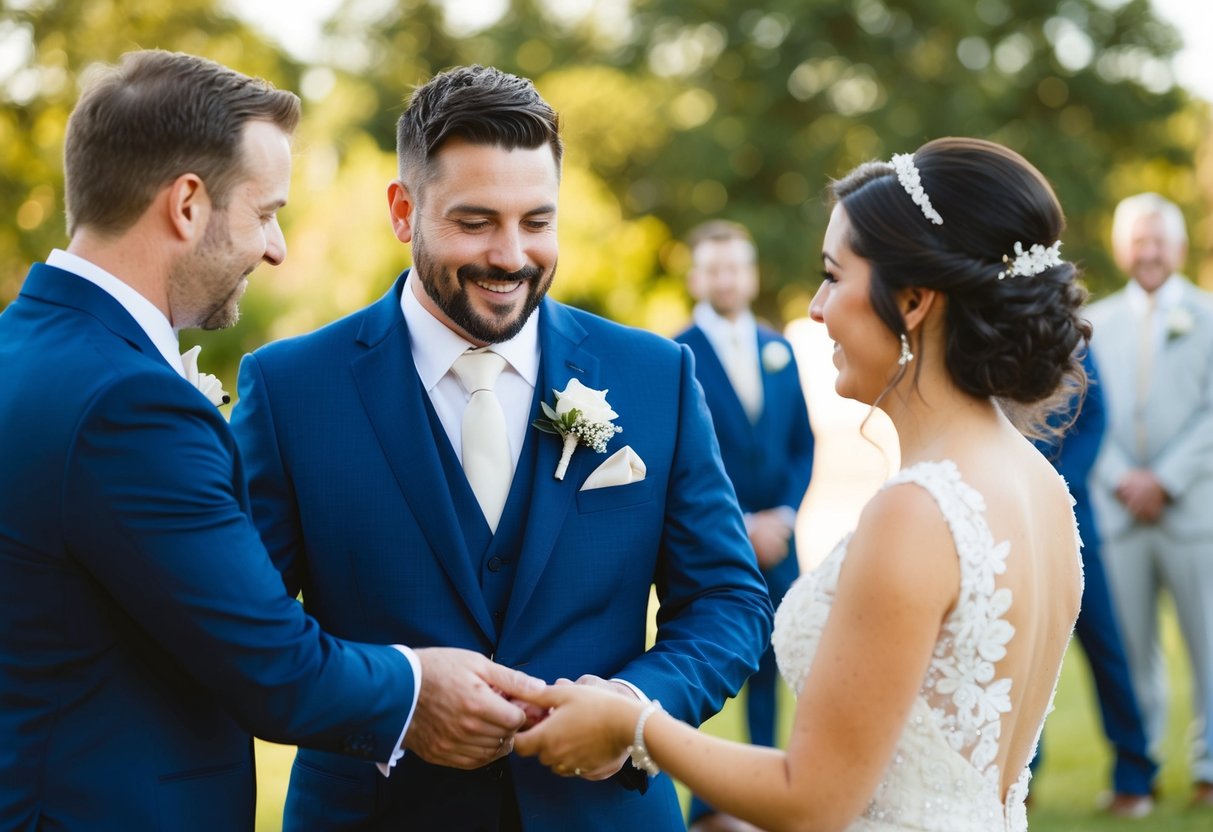 A best man receives a suit from the bride and groom