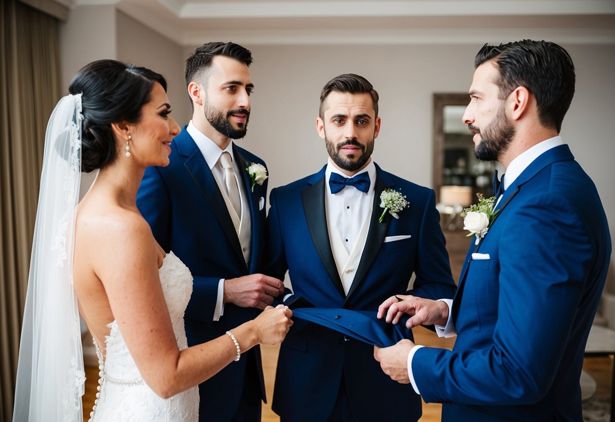 A bride and groom discussing wedding attire with the best man, possibly showing a suit or tuxedo being presented or tried on