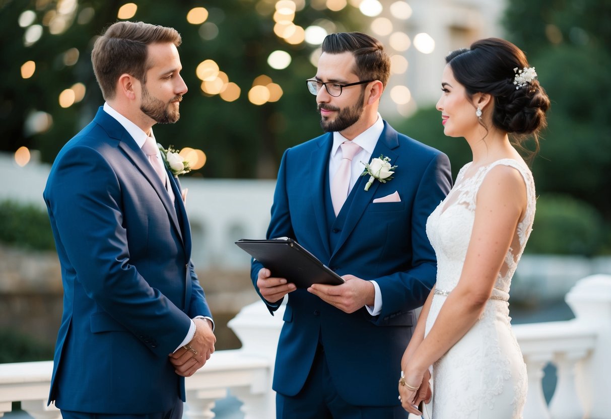A bride and groom discussing finances with the best man, who holds a suit