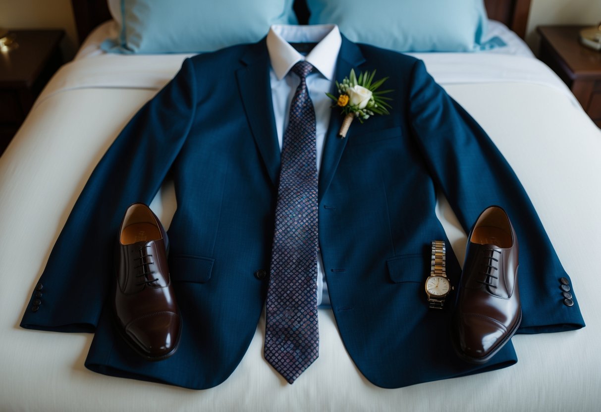 A neatly folded suit jacket, tie, and boutonniere laid out on a bed, surrounded by a pair of polished dress shoes and a watch