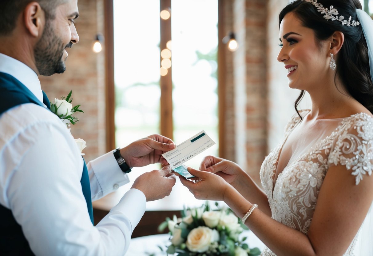 A bride handing over payment to a wedding vendor