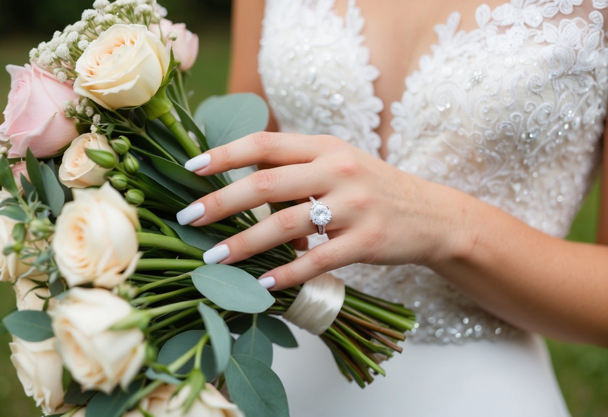 A bride's hand holding a bouquet, with a sparkling engagement ring on her finger