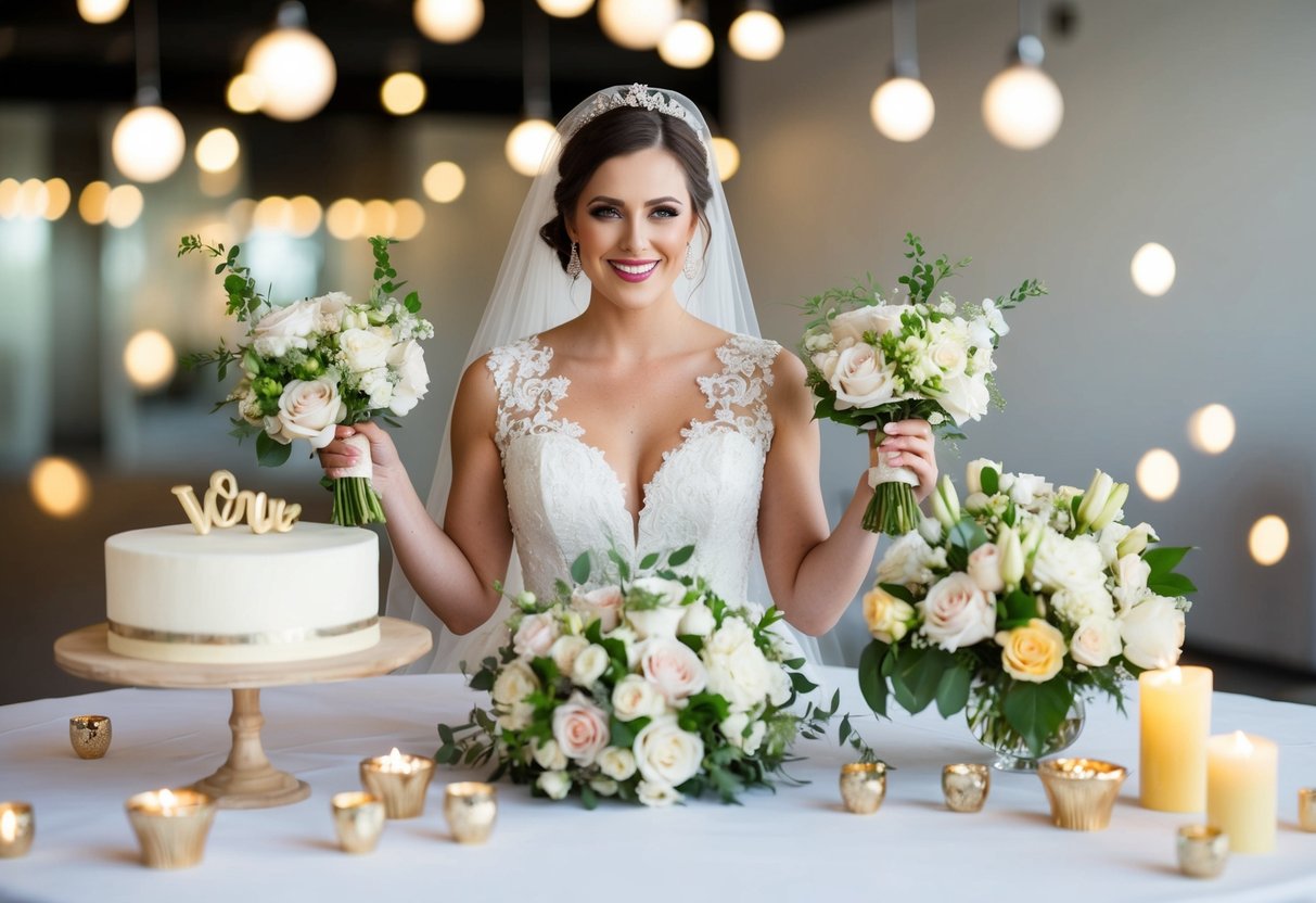 A bride surrounded by various wedding expenses: venue, catering, flowers, dress, and decorations