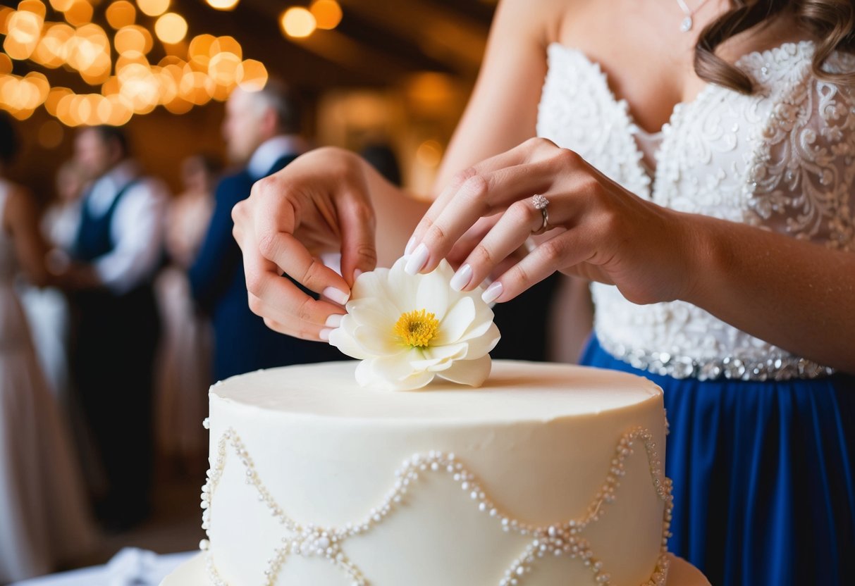 A bride's elegant hand placing a delicate flower on a beautifully decorated wedding cake