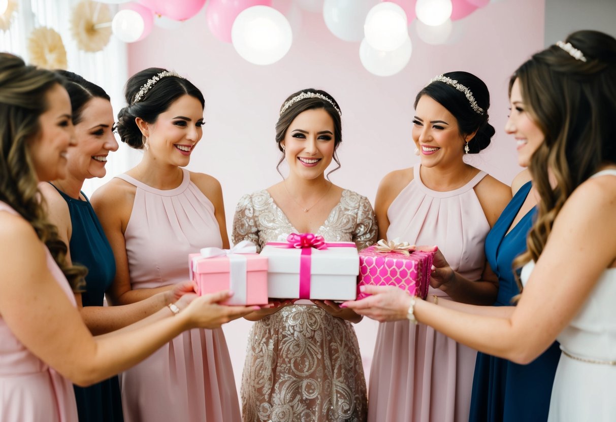 Bridesmaids present a gift to the bride at a bridal shower or bachelorette party
