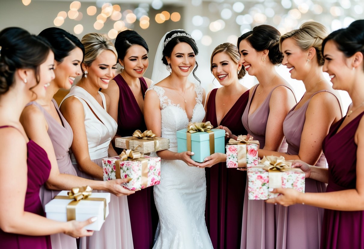 A group of bridesmaids gather around the bride, each holding a beautifully wrapped gift. The bride smiles as she receives the tokens of their love and support