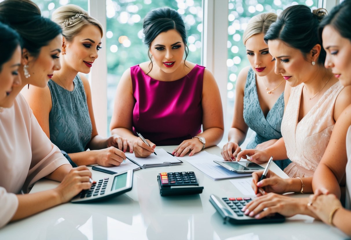 Bridesmaids gather around a table with pen, paper, and calculator, discussing and planning a budget for the bride's gift