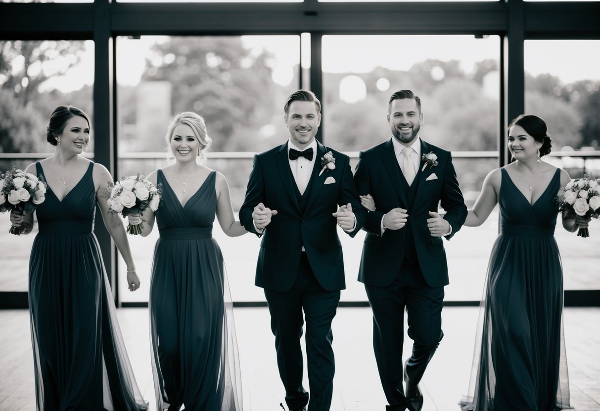 Bridesmaids and groomsmen enter in pairs, coordinating their steps and gestures