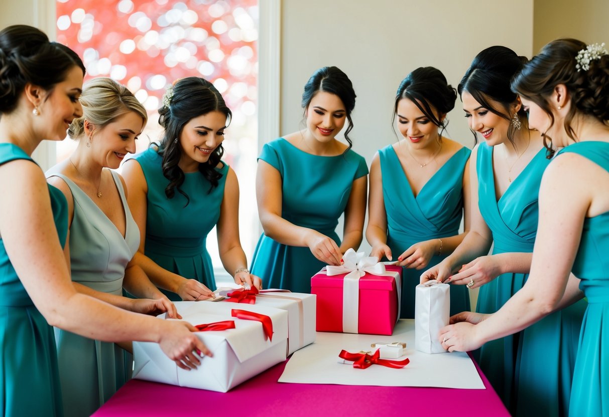 A group of bridesmaids gather around a table, carefully selecting and wrapping a thoughtful gift for the bride