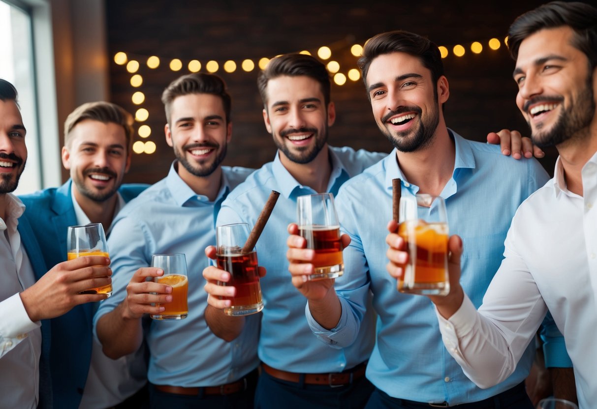 A group of male symbols celebrating with drinks and cigars at a bachelor party