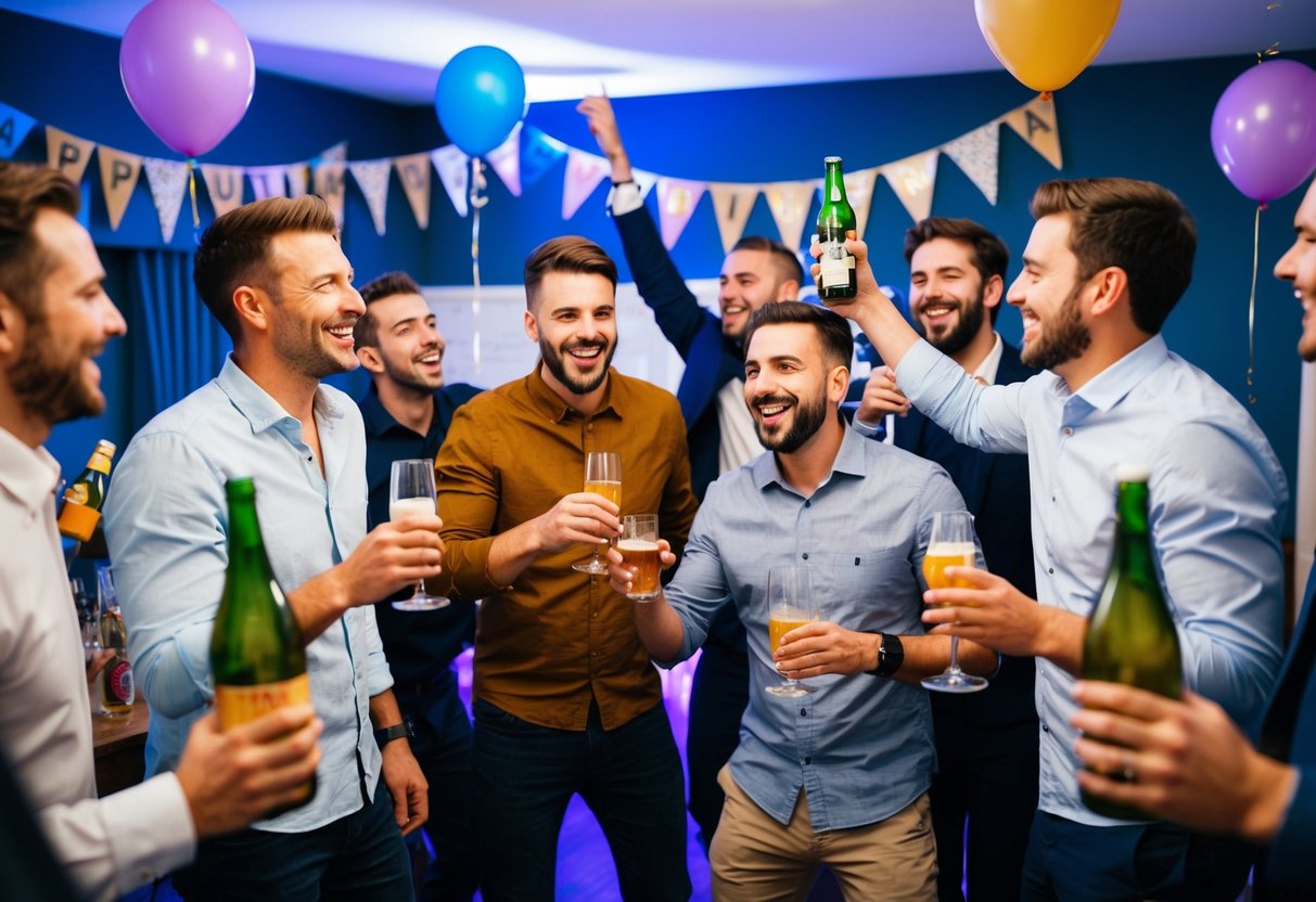 A group of men celebrating, with drinks, music, and laughter. The room is decorated with banners and balloons, creating a festive atmosphere