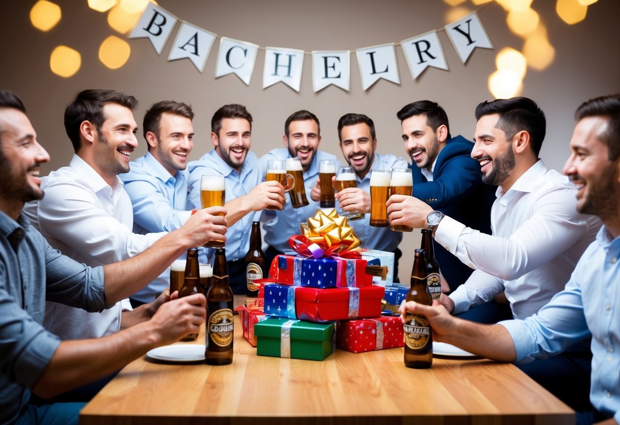 A group of men gathered around a table, clinking beer bottles and laughing. A banner reads "Bachelor Party" while a pile of gifts sits in the center