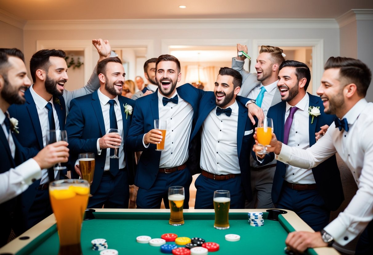 A group of men gather for a bachelor party, with drinks, games, and music. Laughter and excitement fill the room as they celebrate the groom-to-be