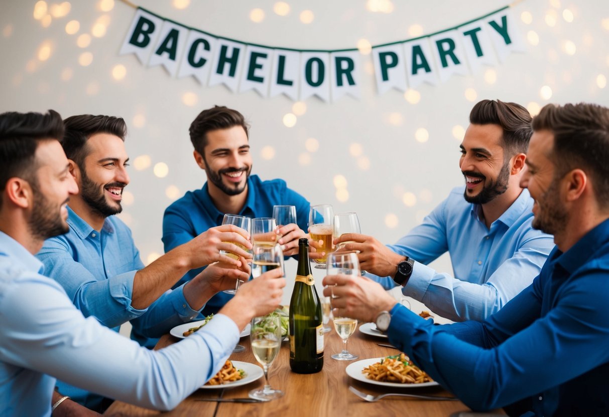 A group of men gathered around a table, clinking glasses and laughing, with a banner reading "Bachelor Party" hanging in the background