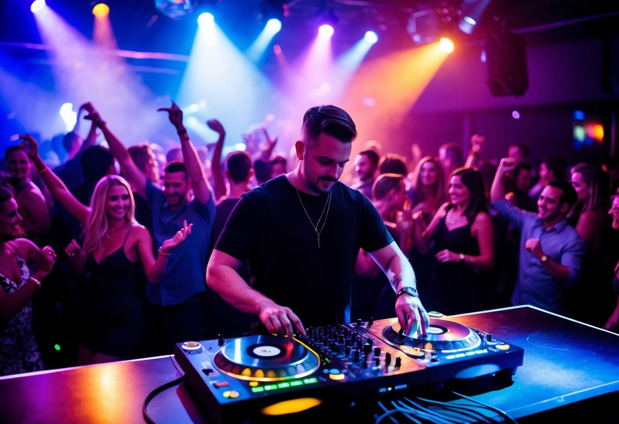 A DJ at a turntable, surrounded by a crowd dancing at a lively nightclub. Bright lights and colorful spotlights illuminate the scene