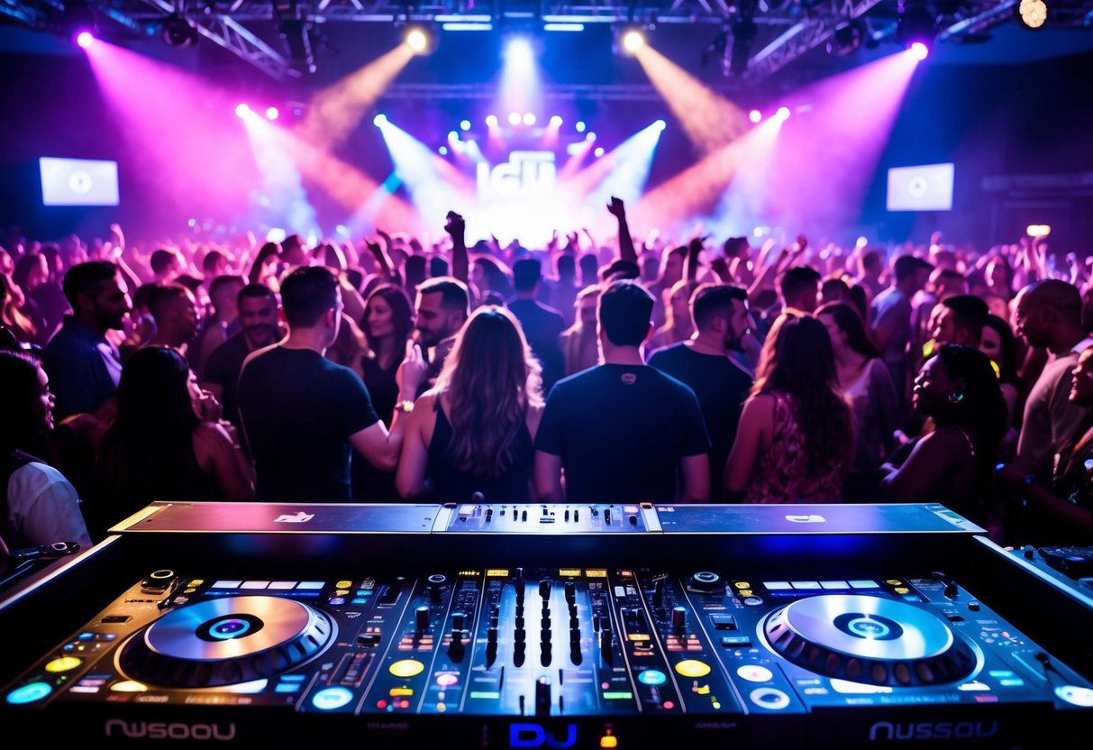A DJ booth at a lively event with a diverse crowd, flashing lights, and a pulsating dance floor