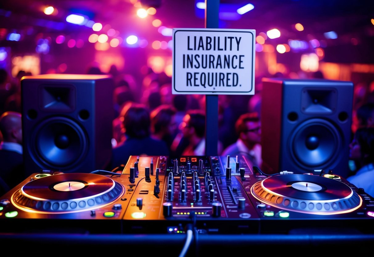 A DJ booth with a turntable, mixer, and speakers set up in a crowded nightclub. A sign on the wall reads "Liability Insurance Required."