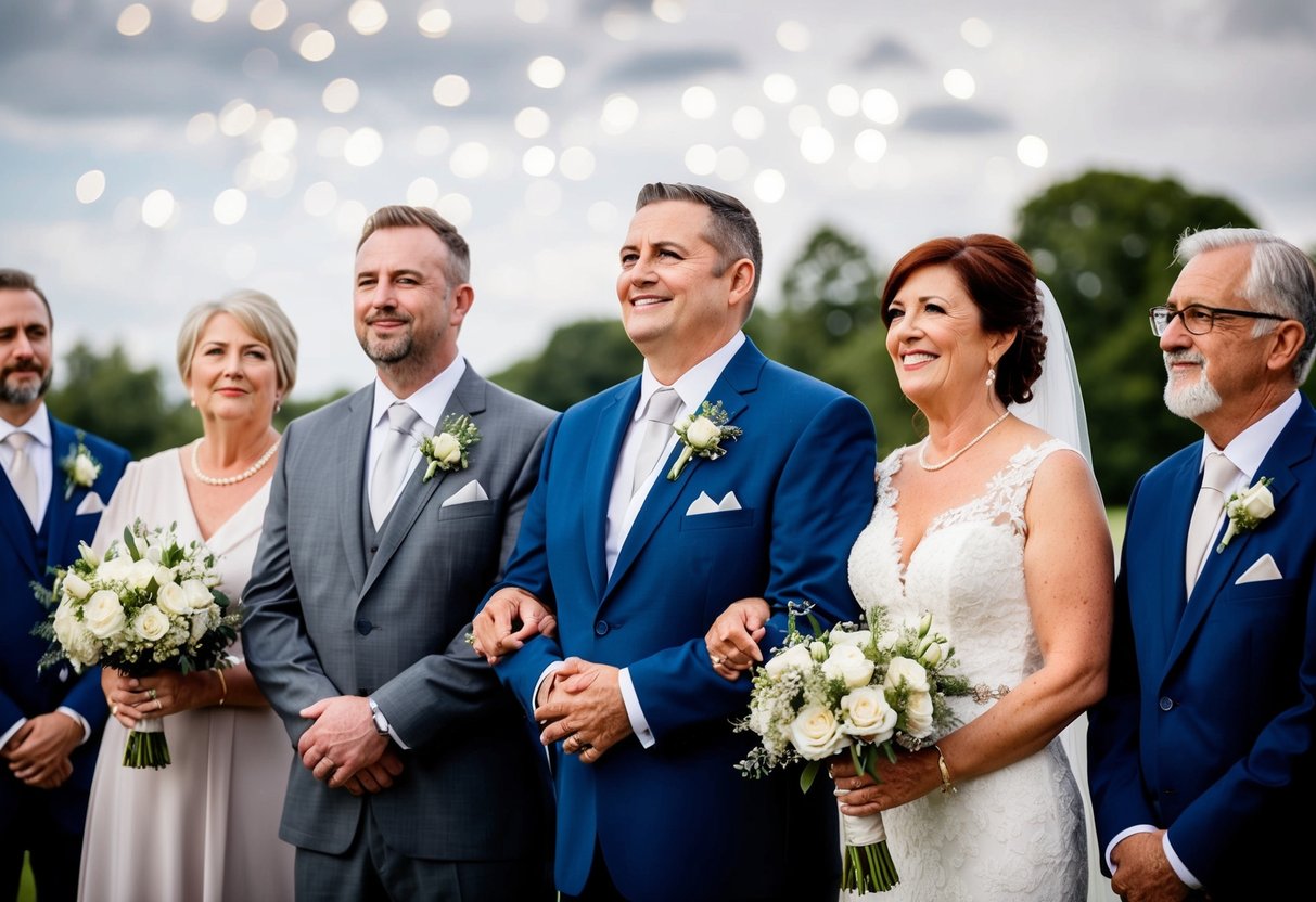 The groom's parents stand proudly beside their son, offering support and love as they watch him exchange vows with his partner