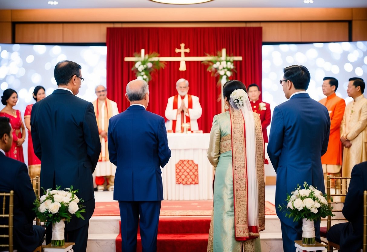 The groom's parents stand at the altar, facing the audience, with a traditional and modern backdrop