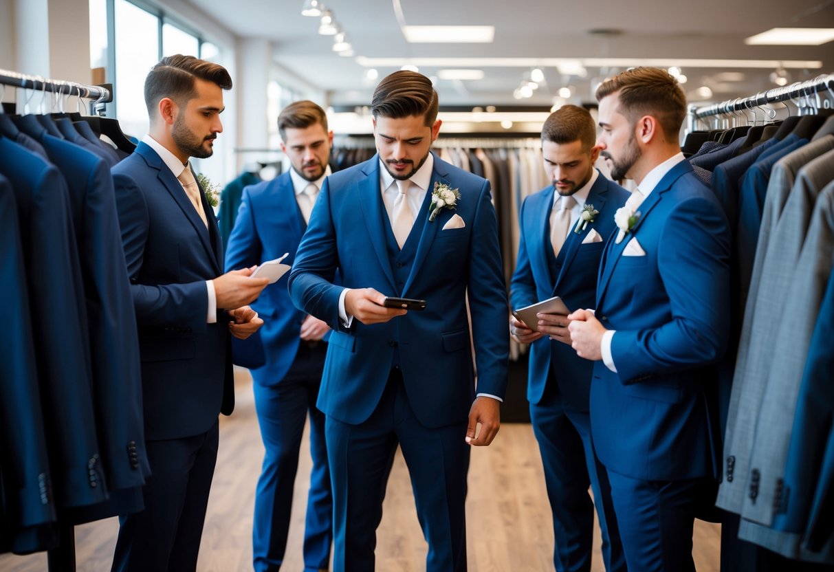A group of groomsmen browsing through a collection of suits at a men's clothing store, discussing their options and comparing prices