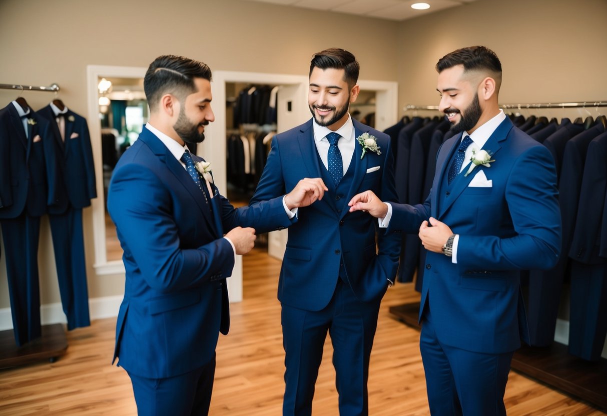 Groomsmen selecting and trying on suits at a formalwear shop