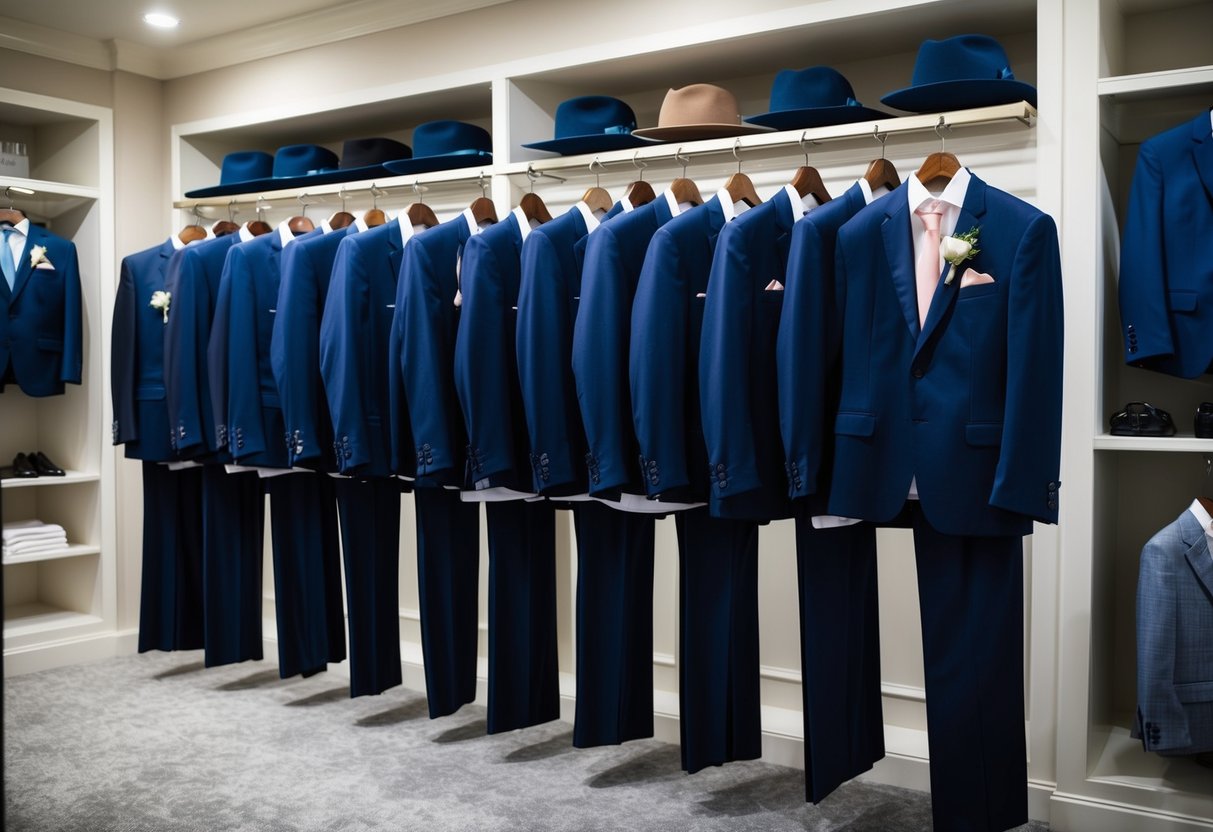 A row of neatly hung groomsmen suits, each with coordinating accessories, displayed in a well-lit and organized menswear store