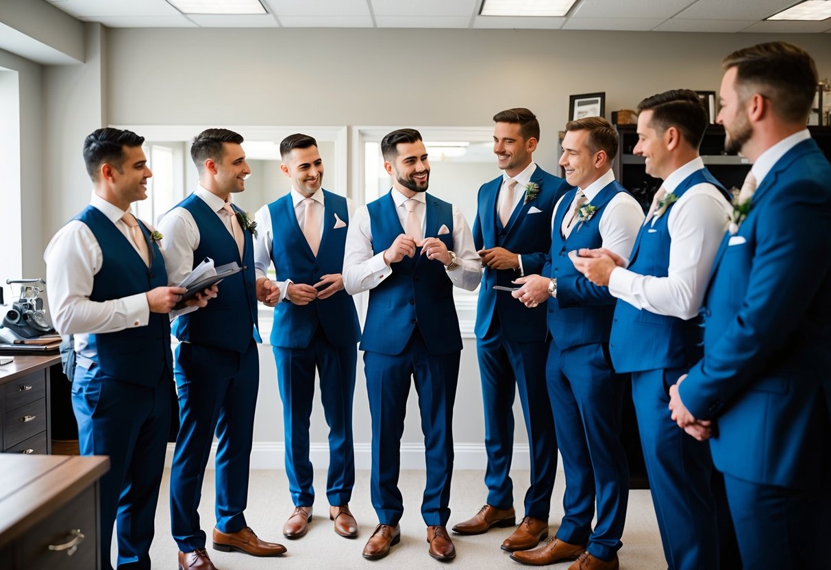 A group of groomsmen standing in a tailor shop, trying on different suits and discussing payment with the tailor