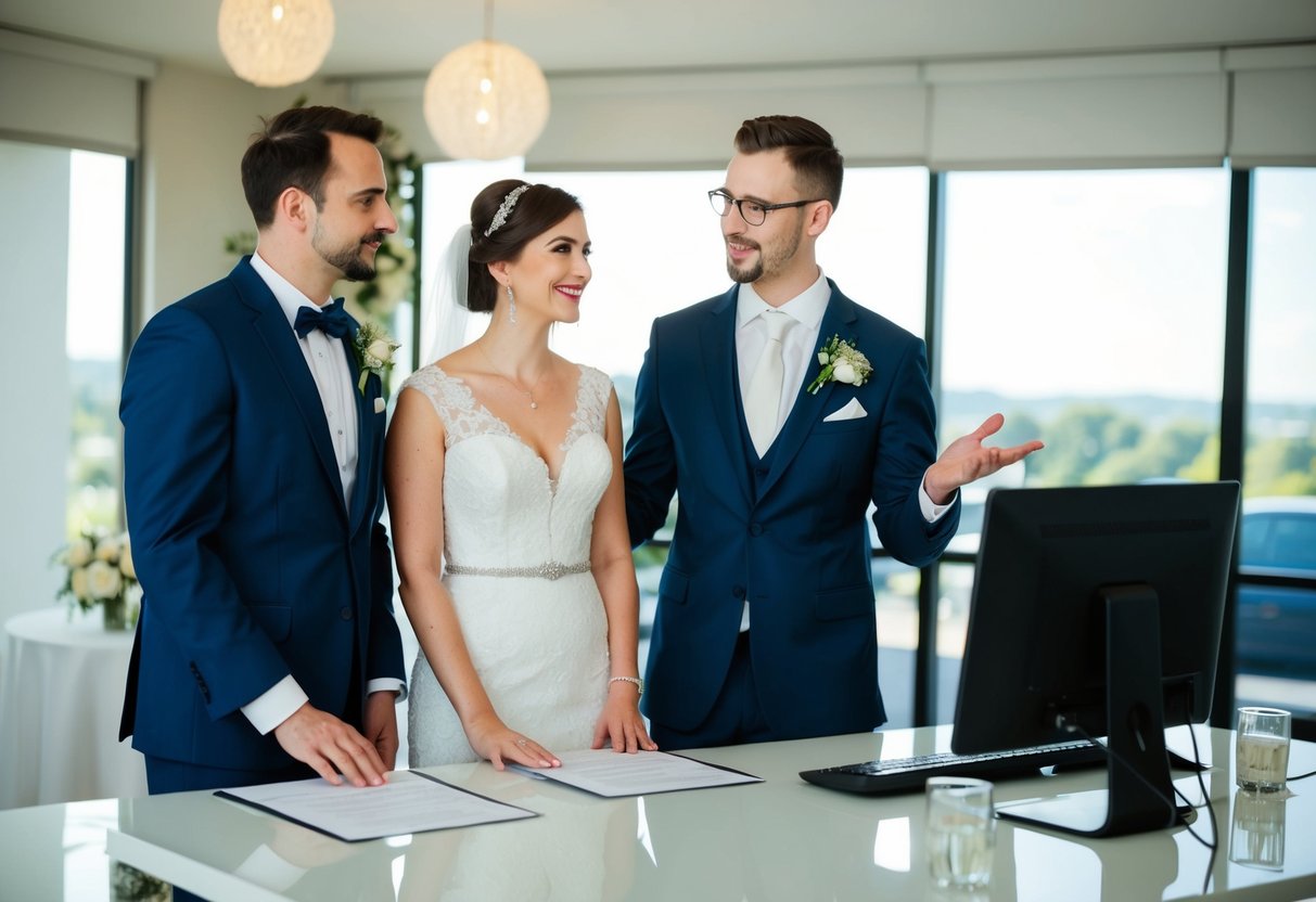 A bride and groom stand before a table with paperwork and a computer. A representative from a rights organization gestures while explaining licensing requirements for playing music at a wedding