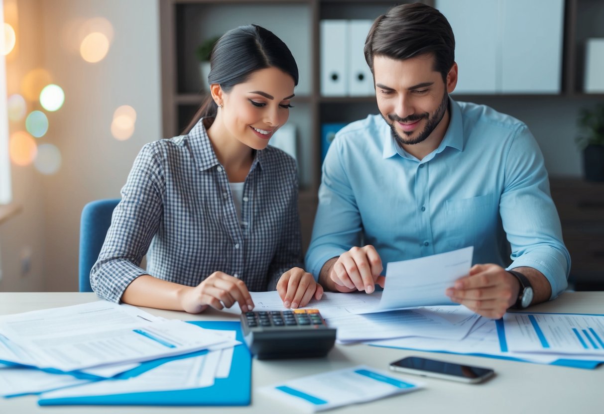 A couple sitting at a table, surrounded by paperwork and a calculator. They are discussing tax forms and looking up information online