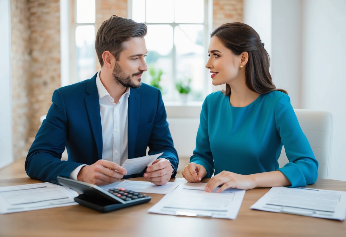 A couple sitting at a table with tax forms and a calculator, discussing eligibility and how to apply for tax benefits as a married couple in the UK