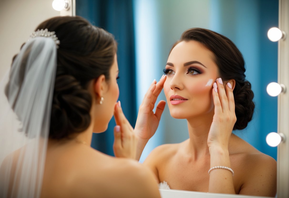 A bride-to-be examines her radiant skin in a mirror, contemplating whether to wear makeup foundation on her wedding day