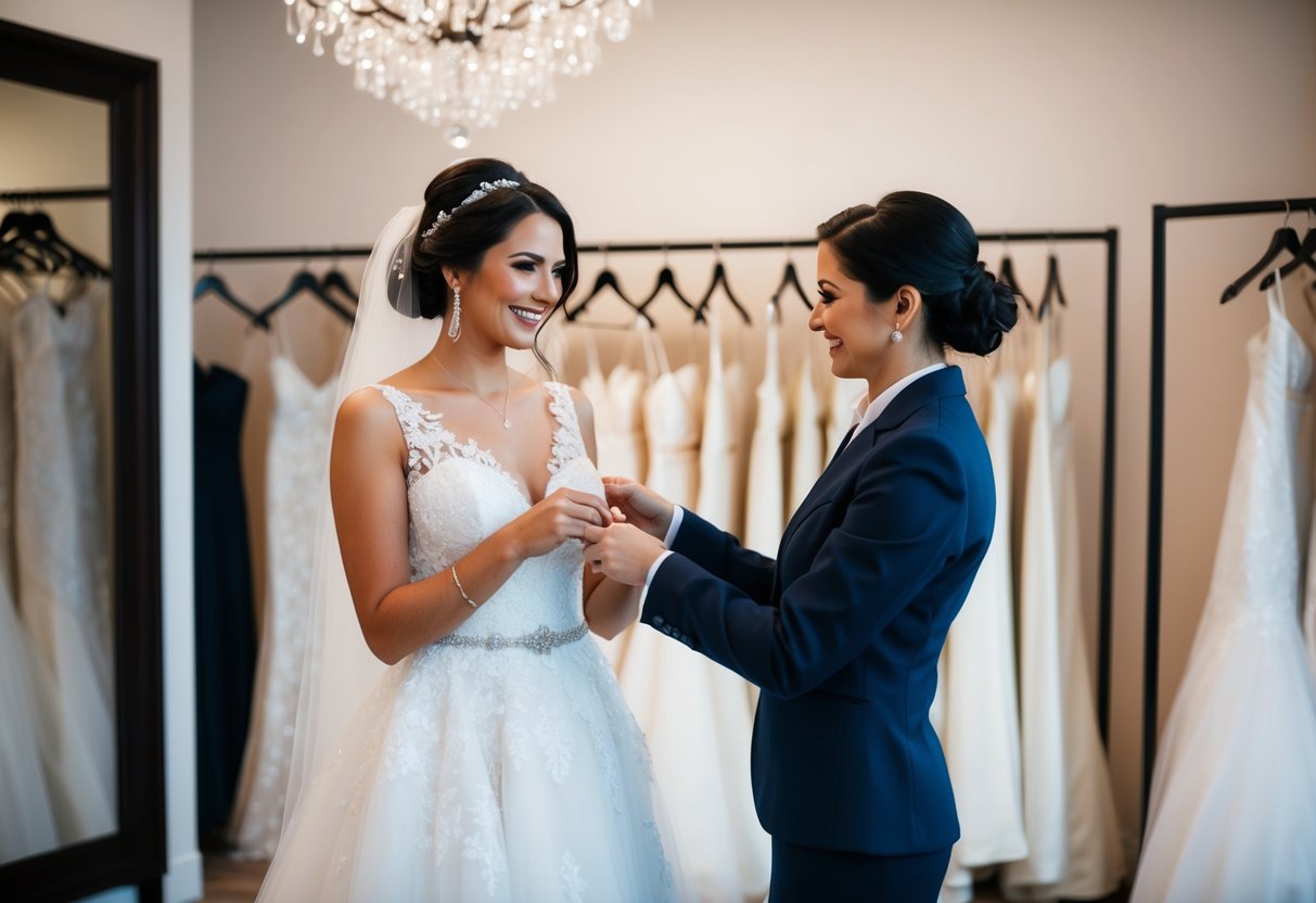 A bride standing in a bridal boutique, holding a wedding dress while a consultant assists her