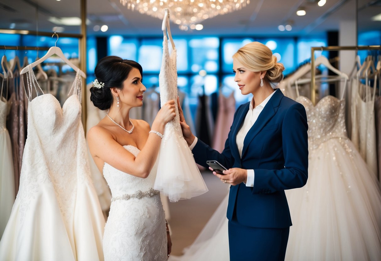 A bride and a wedding dress consultant discussing options in a luxurious bridal boutique. The consultant is holding up different dresses for the bride to consider