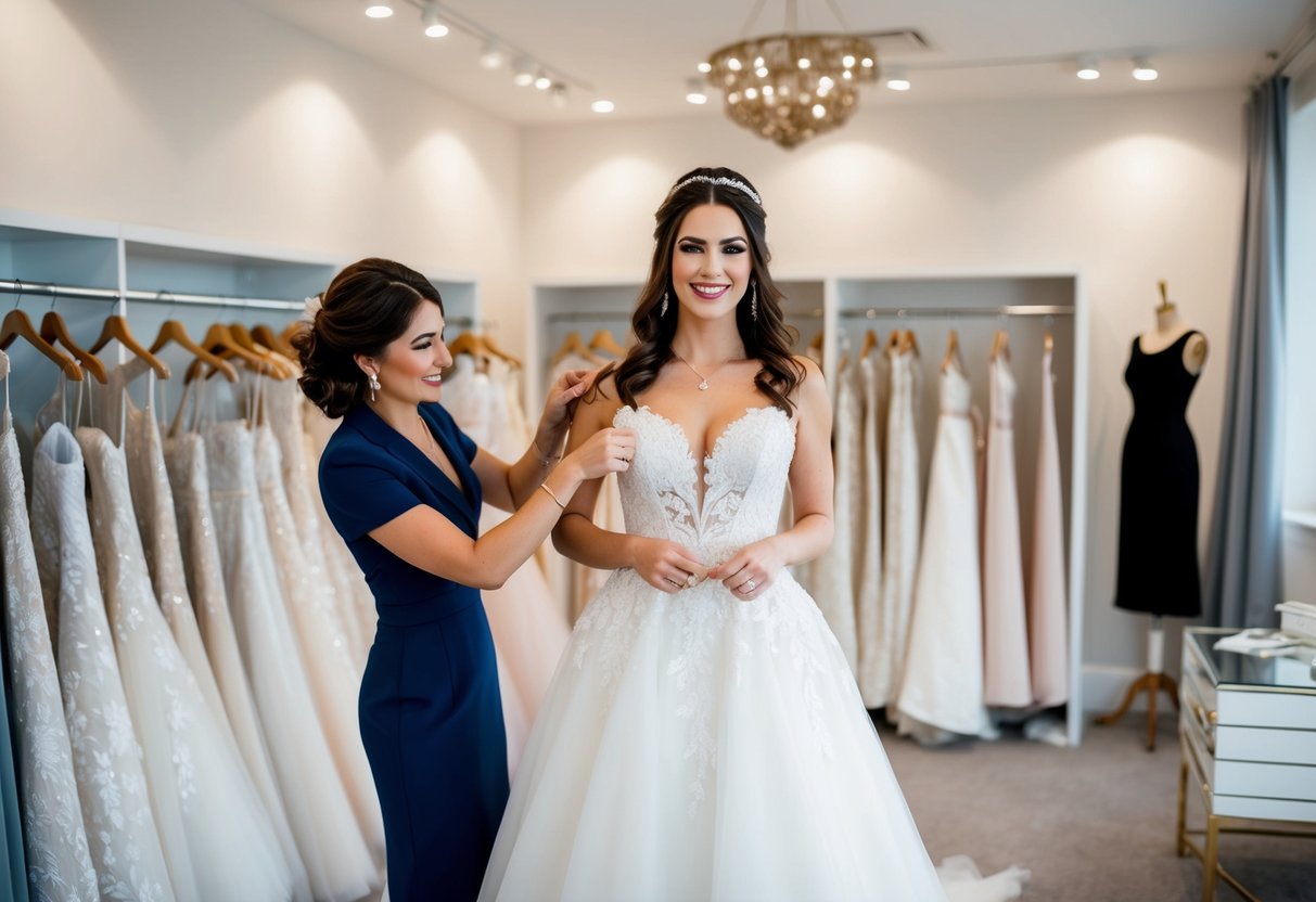 A bride standing in a bridal boutique, holding her wedding dress while the consultant helps adjust the fit