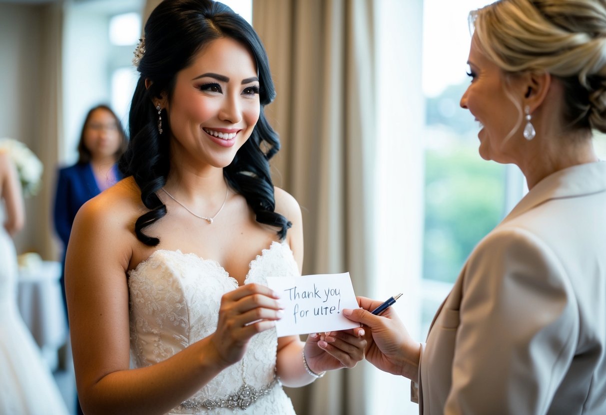 A bride handing a handwritten thank-you note to her wedding dress consultant with a genuine smile on her face