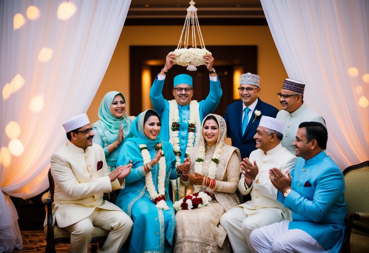 A traditional Muslim wedding scene with family members celebrating the union of the bride and groom