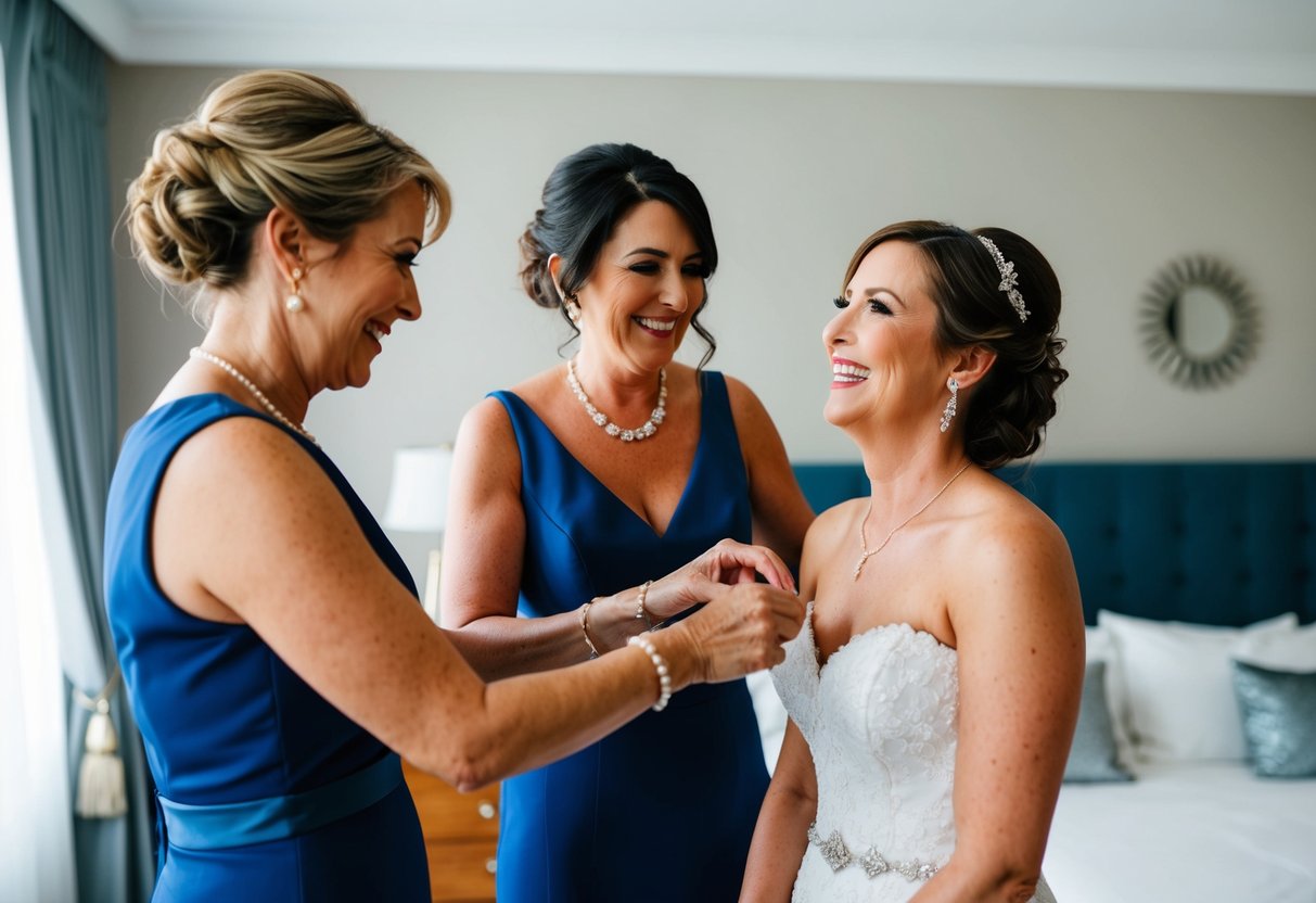 The mother of the groom helps the bride get ready, sharing a moment of joy and anticipation before the wedding ceremony